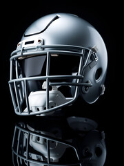 Fototapeta premium Silver American Football Helmet Isolated On Black Background With Minimalist Design And Reflective Surface Showing Sport Gear Protection