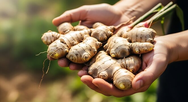 Fresh Fresh Ginger Root in Hands in Farm Field