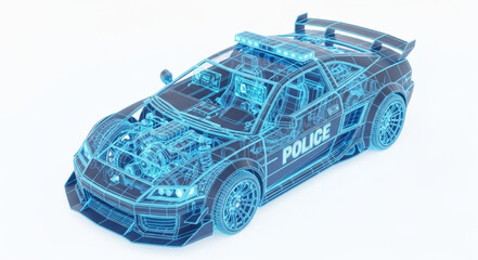Futuristic Holographic Police Car Blueprint Technology. © Bowo