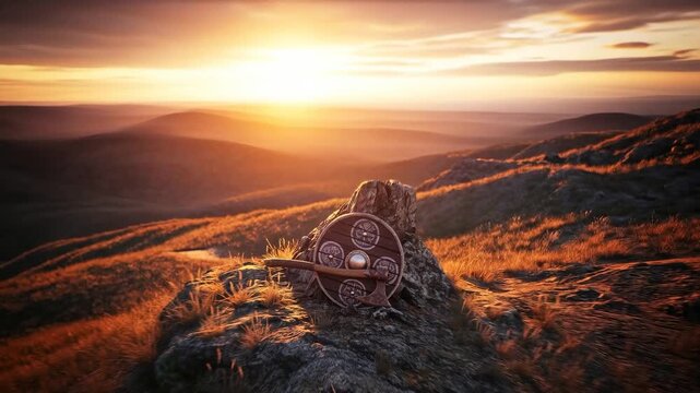 Viking shield and axe on a rocky hill at sunset. Ancient war weapon concept on an epic battlefield landscape.
