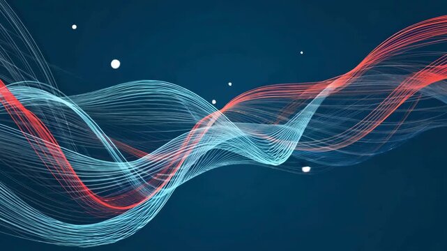 Abstract blue and red flowing lines with glowing particles on a dark blue background. Elegant motion graphic for corporate and tech concepts.