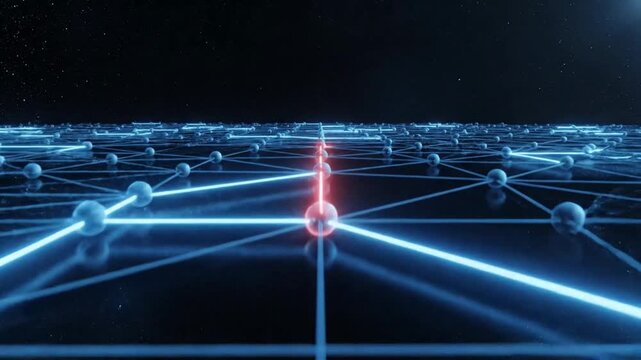 Glowing blue network grid with central red node.