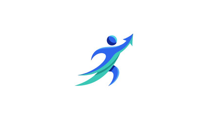 Blue human figure with upward arrow symbolizing growth.