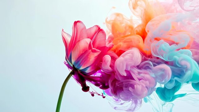 Vivid flower display. Colorful tulip with abstract backdrop. Bright pink tulip surrounded by dynamic colorful swirls. Pink tulip with vibrant inklike clouds and artistic abstract background