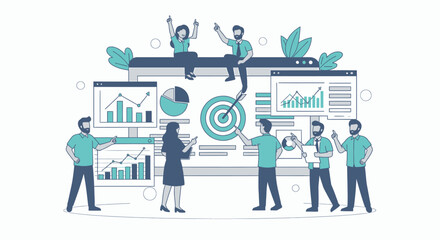 Business Team Collaborating on Digital Marketing Strategy and Data Analysis.