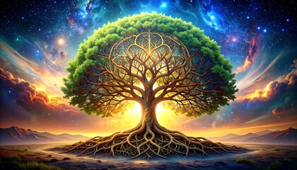 A vibrant digital painting depicts a majestic tree with sprawling roots and a lush canopy set against a cosmic backdrop