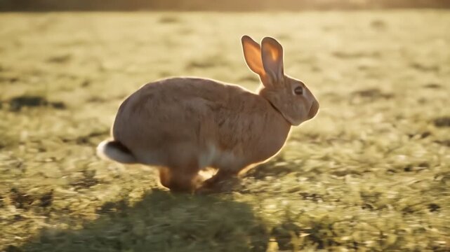 A solitary brown rabbit bounding across a sunlit meadow capturing the essence of springtime and active wildlife in a natural environment during