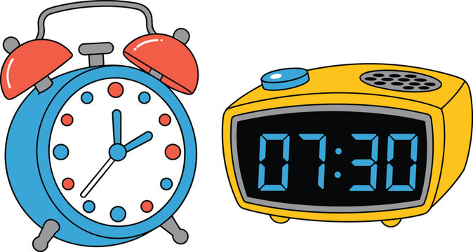 Analog alarm clock with bells, digital clock with display, timekeeping device graphic, technology evolution illustration, , cad drawing flat vector illustration