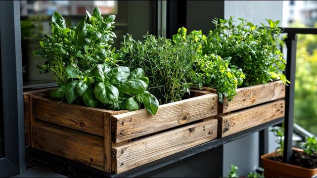 A wooden planter box brimming with herbs like basil and thyme sits on a balcony. Lush green foliage contrasts with aged wood