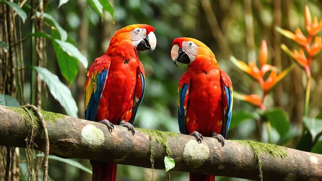 Scarlet macaws perched side by side on a tree branch observing their surroundings in a tropical rainforest habitat showing vivid plumage