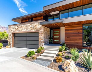 Modern Desert Home With Midcentury Design, Large Windows, Concrete Walkway and Garage