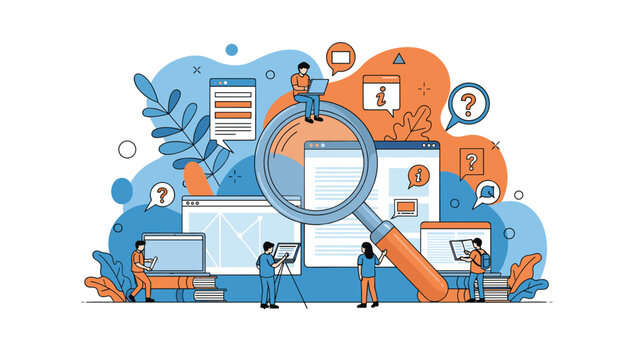 Team of people using a giant magnifying glass to conduct deep research and data analysis on various website windows and documents.