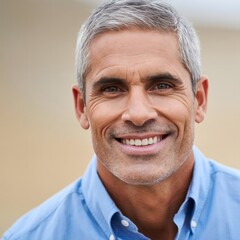 Obraz premium Smiling Mature Man with Grey Hair and Blue Shirt