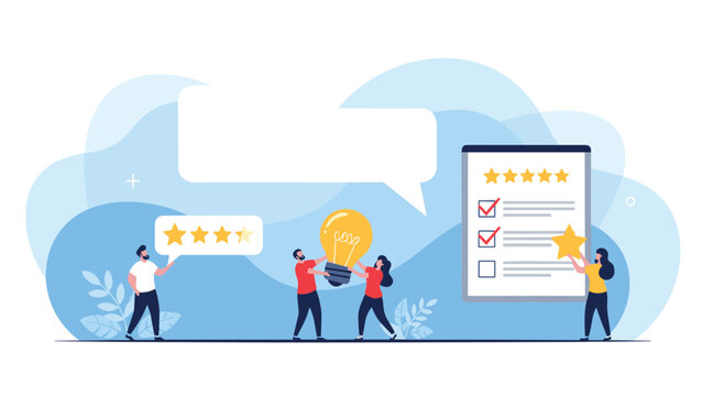 Team of people collaborating to provide five star ratings and feedback while holding a large lightbulb representing bright ideas.