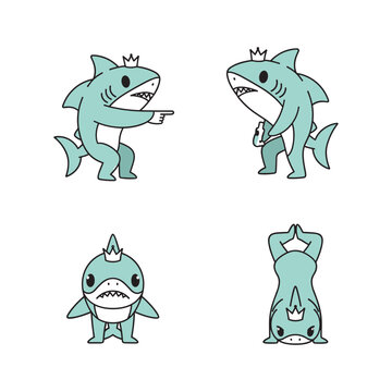 Cartoon shark characters with crown in various poses on white background