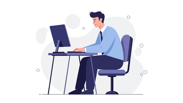 Businessman working on computer at desk, modern office illustration