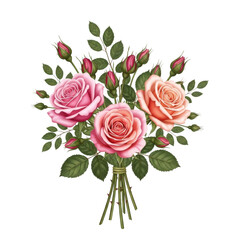 Fototapeta premium A beautiful bouquet of roses with vibrant pink and white petals surrounded by green leaves isolated on transparent background