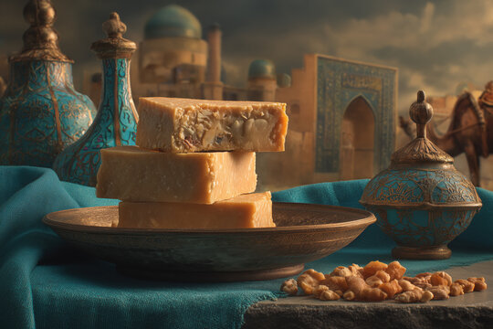 Traditional Middle Eastern halva blocks on antique table with spices and copperware in warm sunlight