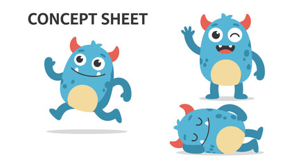 Fototapeta premium Cute Blue Monster Character Concept Art - Running, Waving, Sleeping Poses