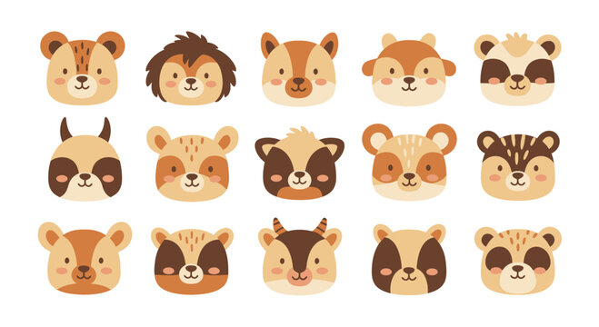 Cute Animal Faces Collection: Cartoon Forest Creatures, Vector Illustrations