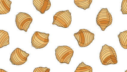 Fototapeta premium Beautiful seamless pattern of conchiglie shell pasta on a white surface, providing a charming and rhythmic design for food related media.