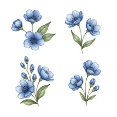 Obraz premium Four vibrant blue flowers with delicate petals and green leaves arranged in a square pattern. isolated on transparent background