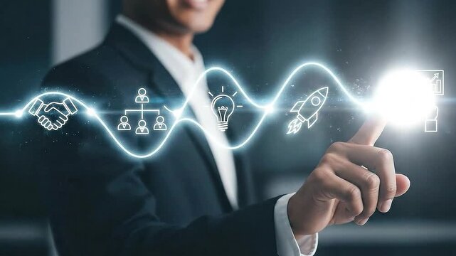 Businessman interacting with digital interface icons for growth and strategy