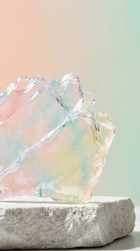 Macro shot of fractured isomalt sugar slab with sharp crystalline breaks on a stone plinth for experimental confectionery design and luxury food branding