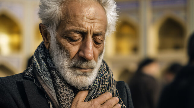 Elderly man in contemplation visits Imam Reza Shrine in Iran during Nowruz celebrations with Shrine architecture in view