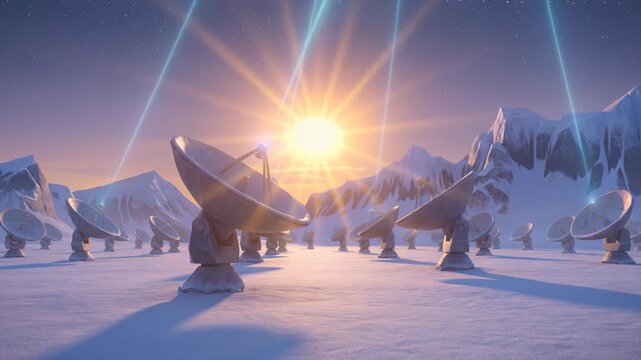 Sunrise over satellite antenna and dish array in snowy polar field with 6g technology beams and mountain backdrop evoking futuristic discovery