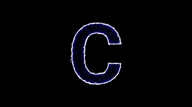 Glowing Neon Letter C With Blue Electric Arc Fire Effect On Isolated Black Background
