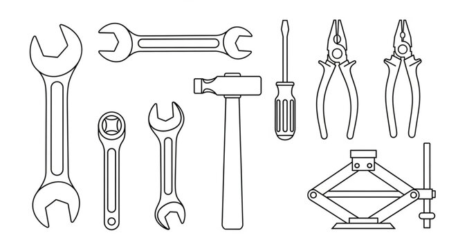 Collection of Hand Tools and Mechanical Equipment Illustration.