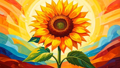A vibrant digital painting of a giant sunflower, bathed in radiant sunlight against a colorful, abstract background