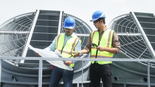 Two construction engineers in safety gear examine industrial HVAC units on rooftop, pointing and discussing project progress and setup.