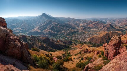 Sweeping Panorama of Red Rocky Hills with Sparse Vegetation Under Clear Blue Sky in Arid Landscape During Daytime High Angle View