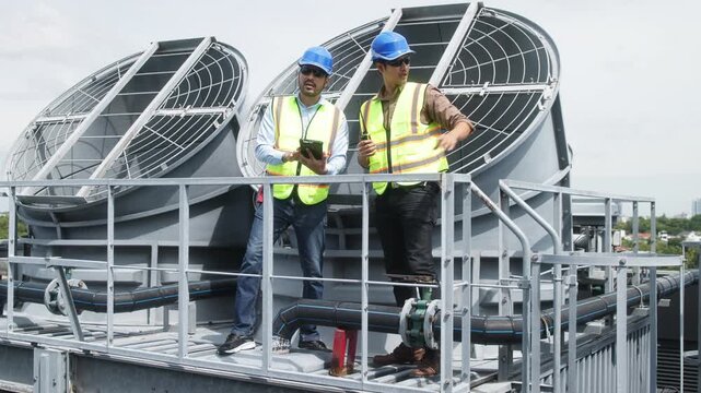 Two construction engineers in safety gear examine industrial HVAC units on rooftop, pointing and discussing project progress and setup.