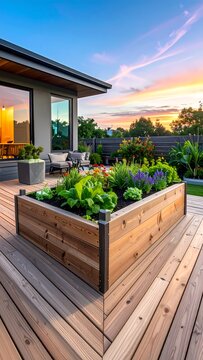 Modern backyard with raised garden, deck, and colorful sunset