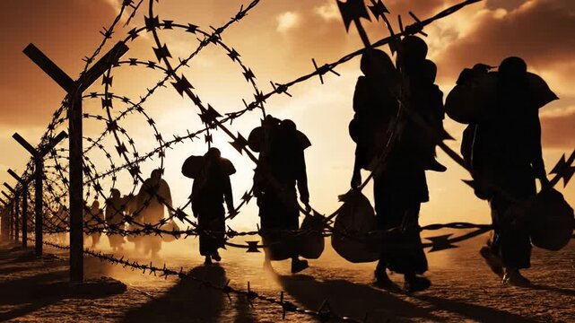 Silhouettes of refugees walking past razor wire fence at sunset