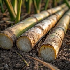Freshly Harvested Sugarcane Stalks on Rich Soil