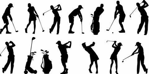 Silhouettes of golfers in various poses and stages of the swing