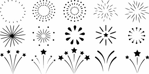A collection of abstract black and white firework and starburst designs