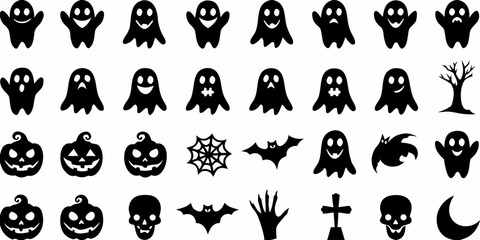 A collection of spooky halloween silhouettes including ghosts pumpkins and bats