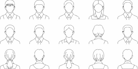 Line art illustrations of diverse faces and hairstyles viewed from various angles