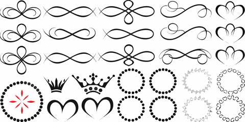 Collection of ornate black swirls flourishes hearts and decorative elements