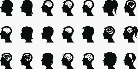 Silhouettes of human heads with varying internal imagery and profiles