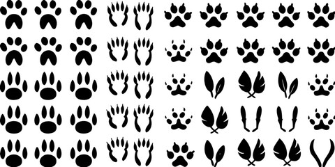 A collection of various animal footprints and paw prints in black