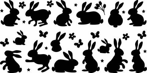 Silhouettes of rabbits in various poses with scattered floral and star elements