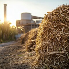 Sugarcane Residue Stacked Near Industrial Factory Building