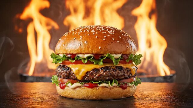 Delicious Flame-Grilled Cheeseburger with Melted Cheese and Fresh Vegetables Against a Fiery Background