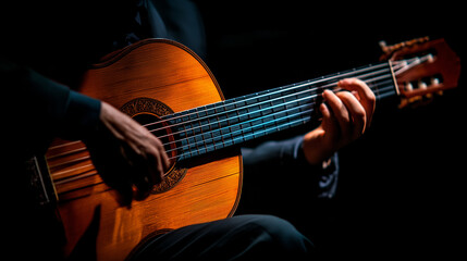 Fototapeta premium Festival Internacional del Cante de las Minas, Flamenco guitarist seated on stage performing traditional music at Festival Internacional del Cante de las Minas